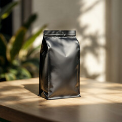 A coffee concept prepared for mockup, with a matte black coffee package on a light wooden table