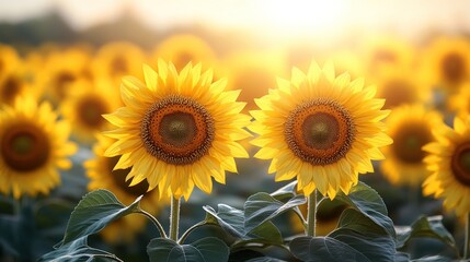 Obraz premium Vibrant sunflowers basking in sunlight in a lush field.