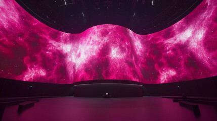A curved LED screen displaying a pink and purple nebula-like image in a dark room.