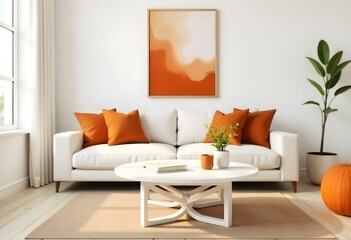 A modern living room with a white sofa, orange throw pillows, a white coffee table, and an abstract orange and white painting on the wall.