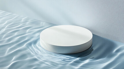 White podium on a blue water background with ripples. Abstract platform for product display.  Minimalist, clean design.