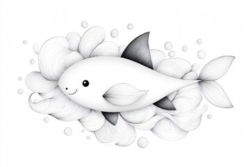 Obraz premium Charming hand-drawn shark swimming in stylized waves, created as a coloring page for both kids and adults