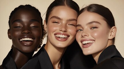 Three Smiling Models of Diverse Skin Tones Pose Together Against a Neutral Background, Showcasing a Joyful Moment During a Beauty Campaign in a Studio Setting