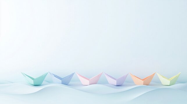Seven colorful origami paper boats floating together on stylized waves over a light blue background, evoking a sense of playful adventure and travel