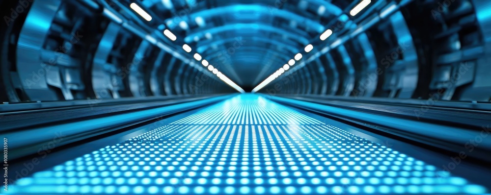 Poster futuristic tunnel with blue lights and digital patterns, white isolate background