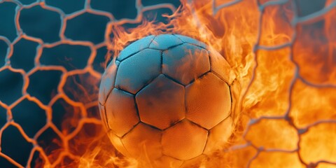 A Flaming Soccer Ball Epic Moment in a Dynamic Goal-Scoring Action During an Intense Match, Showcasing the Passion for the Game and the Thrill of Sportsmanship