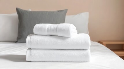 Neatly Stacked White Towels Resting on a Neatly Made Single Bed With Soft Gray Pillow in a Tranquil and Modern Bedroom Setting During Daylight Hours