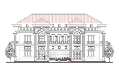 Facade of 3 storeys symmetrical modern classic building with 5 doors, 3 windows, balustrade, frame, 2 columns, decoration, canopy, crown, roof, garage, and its elements design.