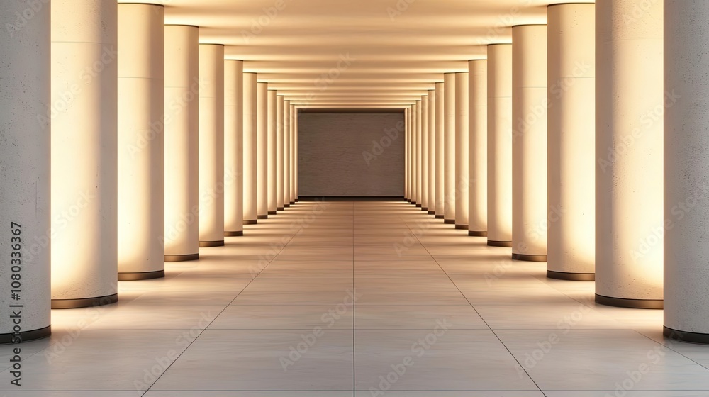Poster Modern hallway with illuminated columns and clean lines, creating a serene atmosphere.