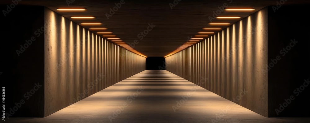 Poster modern corridor with ambient lighting and contrasting shadows leads to a dark end.