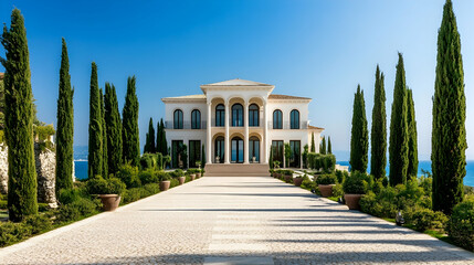Fototapeta premium Carmel-by-the-Sea Mediterranean villa with dramatic Pacific cliffs and cypress grove, California coastal estate