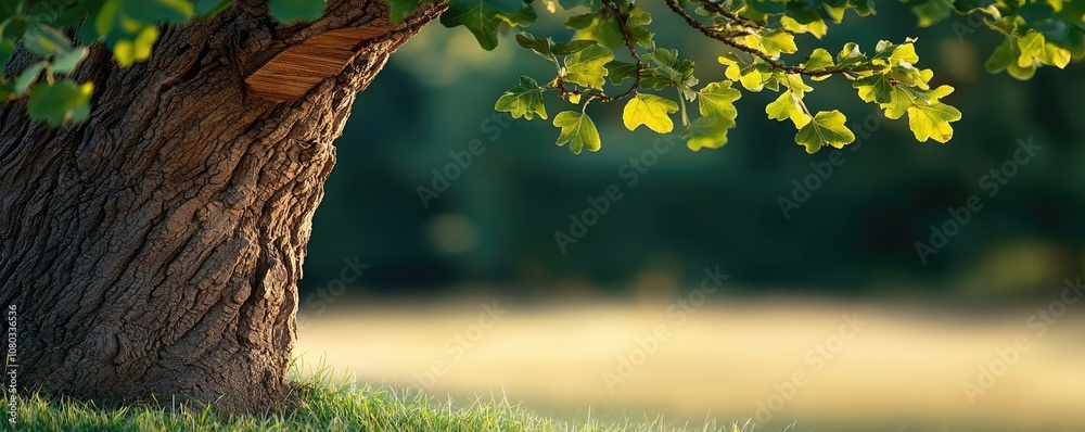 Aufkleber tree trunk with vibrant leaves in a serene outdoor setting.