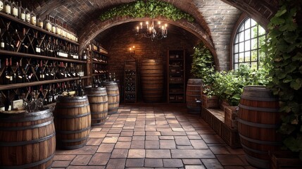 A rustic wine cellar with barrels, shelves, and greenery.