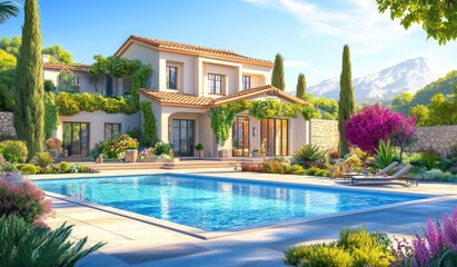 Fototapeta premium Modern house with a pool and garden, large windows and a terrace