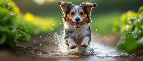 Fototapeta premium Energetic dog splashing through shallow water at the shoreline, joyfully embracing the waves and the vibrant atmosphere of a sunny day
