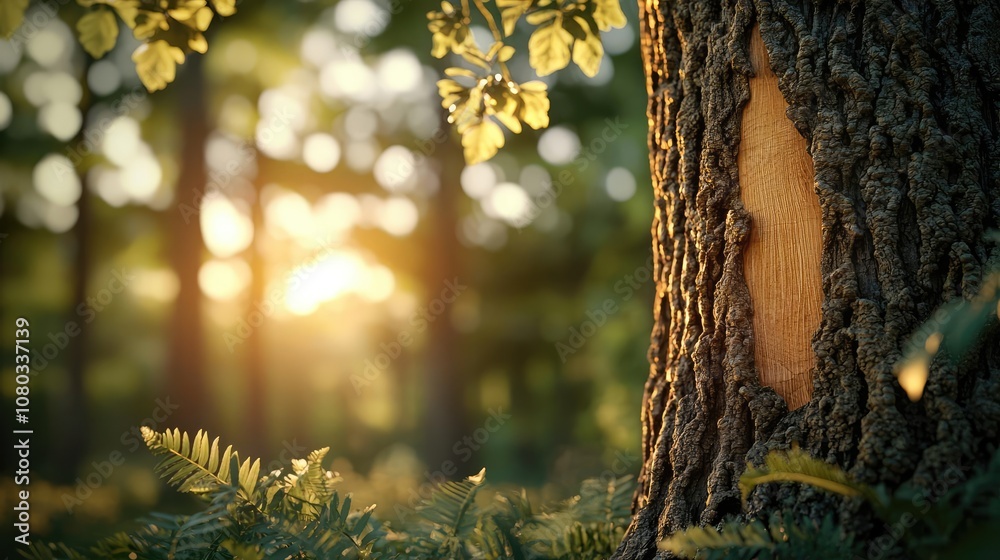Aufkleber Tree trunk with sunlight shining through a forest, creating a serene atmosphere.