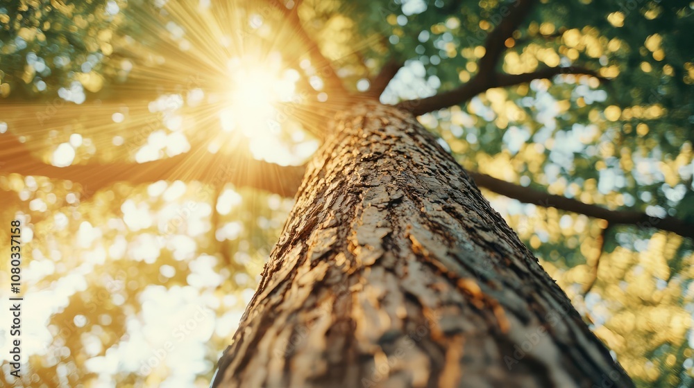 Poster tree trunk with sunlight filtering through lush green leaves above.