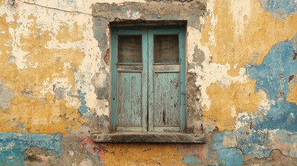 Weathered turquoise window on an old, colorful wall in a historical building, showcasing urban decay and charm in daylight