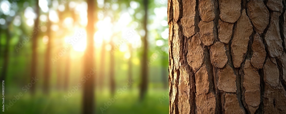 Aufkleber close-up of tree bark with sunlight filtering through forest trees.