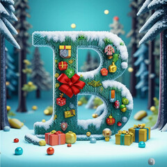 Winter letter B with Christmas decorations and gifts. 3D illustration.