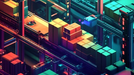 Fototapeta premium A vibrant, futuristic warehouse scene with colorful packages on automated conveyor systems.