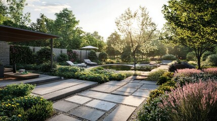 A serene garden landscape featuring a tranquil pool and pathways, surrounded by vibrant plants on a sunny afternoon
