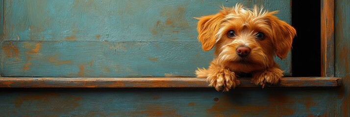 Curious Canine at the Doorway, a dog peering outside, expressing curiosity and detail, framed in a wide aspect ratio for emphasis