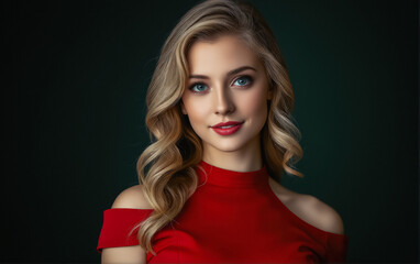 Fototapeta premium Young Woman in Red Off-the-Shoulder Dress with Blonde Wavy Hair, Ready for a Festive Christmas Party