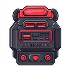 Fototapeta premium A futuristic robot head with a black and red design, featuring buttons, dials, and a screen.