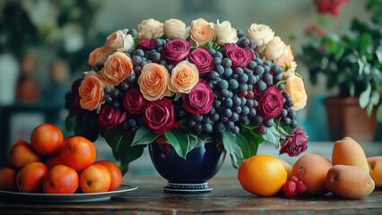 Elegant Flower and Fruit Arrangement with Roses and Grapes in a Vase