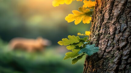 Obraz premium Tree trunk with green oak leaves in a serene forest setting.