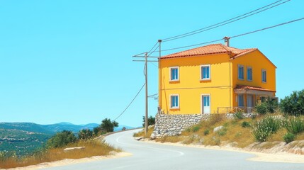 Bright yellow house on a hillside road with scenic views.