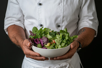 A chef proudly holds fresh salad bowl filled with vibrant greens, showcasing variety of textures and colors. image captures essence of healthy eating and culinary artistry