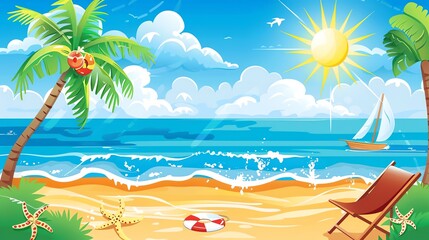 Obraz premium A cartoon illustration of a tropical beach scene.