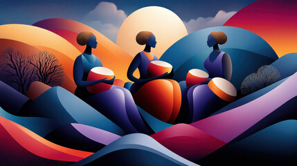 Three women are sitting on the ground, each holding a drum. The drums are different sizes and colors