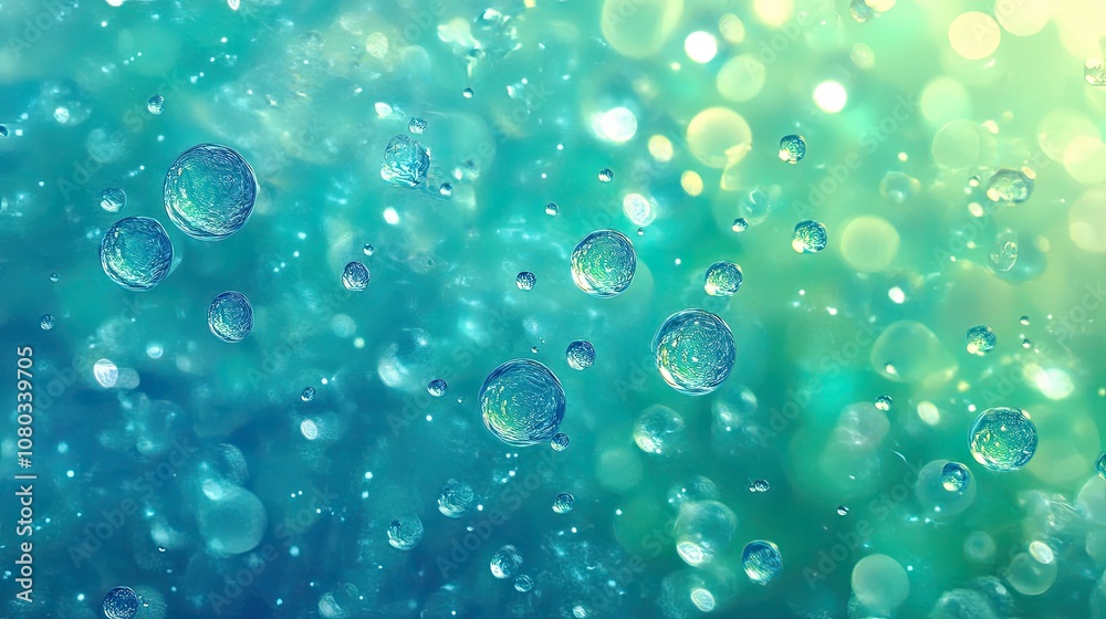 Poster abstract background with floating water droplets in a dreamy blue and green setting, creating a sere