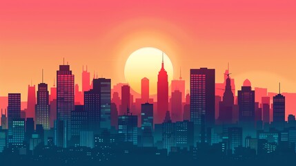 Fototapeta premium A stylized, digital illustration of a city skyline at sunset, with a large sun in the sky.