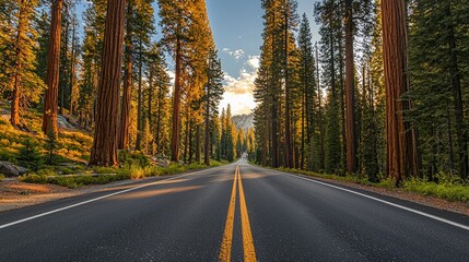 Fototapeta premium A serene drive along a winding road through towering trees in a national park at sunset
