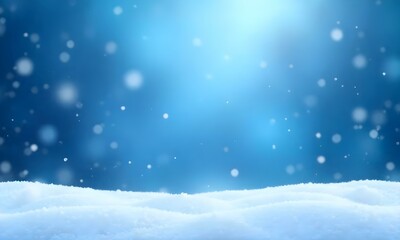 Naklejka premium Snowy winter landscape with falling snowflakes against a blurred blue sky background.