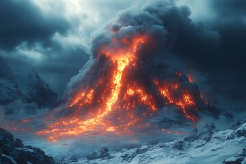 Fototapeta premium Massive Volcano Eruption. A large volcano erupting hot lava and gases into the atmosphere