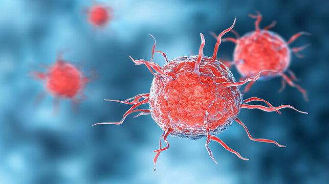 Red cancer cells with protruding structures are depicted in this microscopic view, showcasing their unique features and interactions in vibrant blue background
