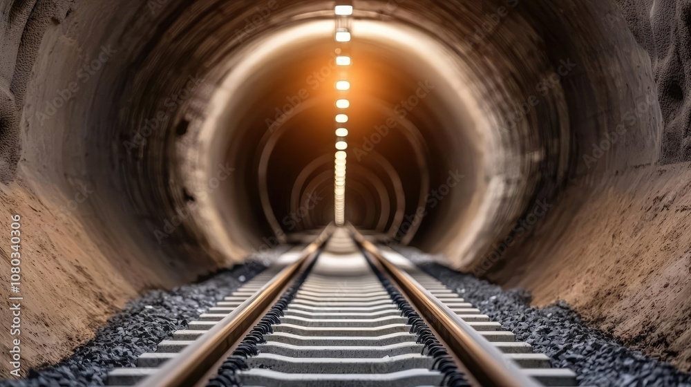 Poster view of railway tracks inside a tunnel lit by warm lights at the end.