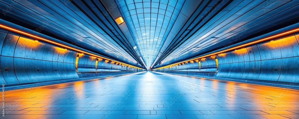 Aufkleber Futuristic tunnel with blue lights and smooth surface, creating a dynamic perspective.