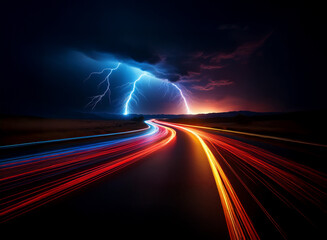 A long winding road through a desert landscape with bright streaks of car headlights shining in the distance as a powerful bolt of lightning strikes the night sky.