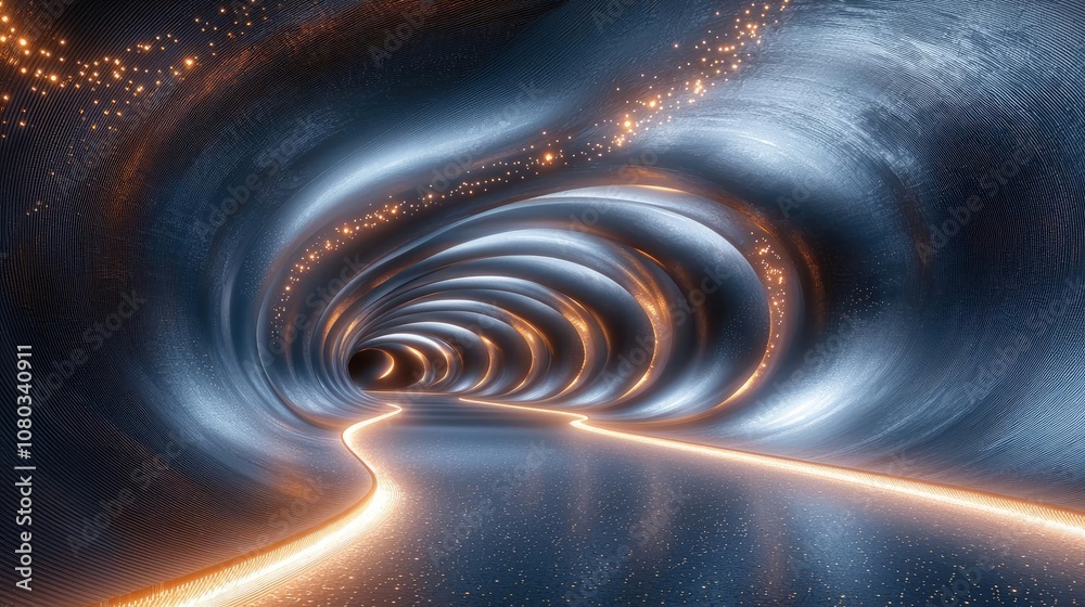 Poster abstract digital tunnel with glowing lights, futuristic design, and swirling patterns.