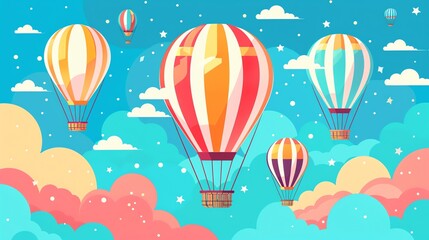 A cartoon illustration of several hot air balloons floating in a blue sky with clouds.