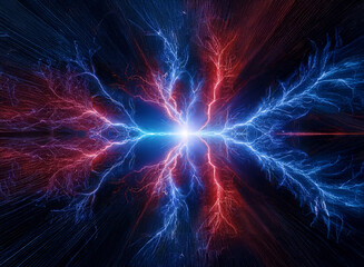 Abstract digital art of red and blue energy colliding in a burst of light.