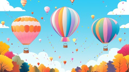 Obraz premium A cartoon illustration of colorful hot air balloons floating over a forest.