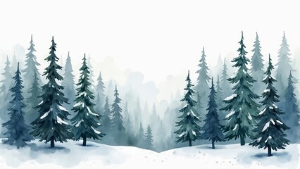 Watercolor drawing of a snow-covered forest in Scandinavian style. Drawing on a white background.