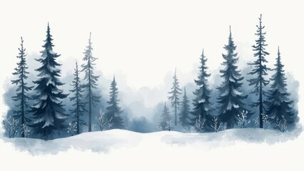 Fototapeta premium Watercolor drawing of a snow-covered forest in Scandinavian style. Drawing on a white background.